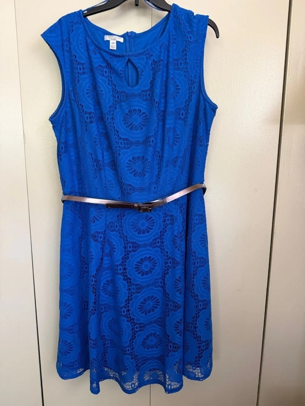 London Style Royal Blue Sleeveless Lace Fit & Flare Dress with Belt